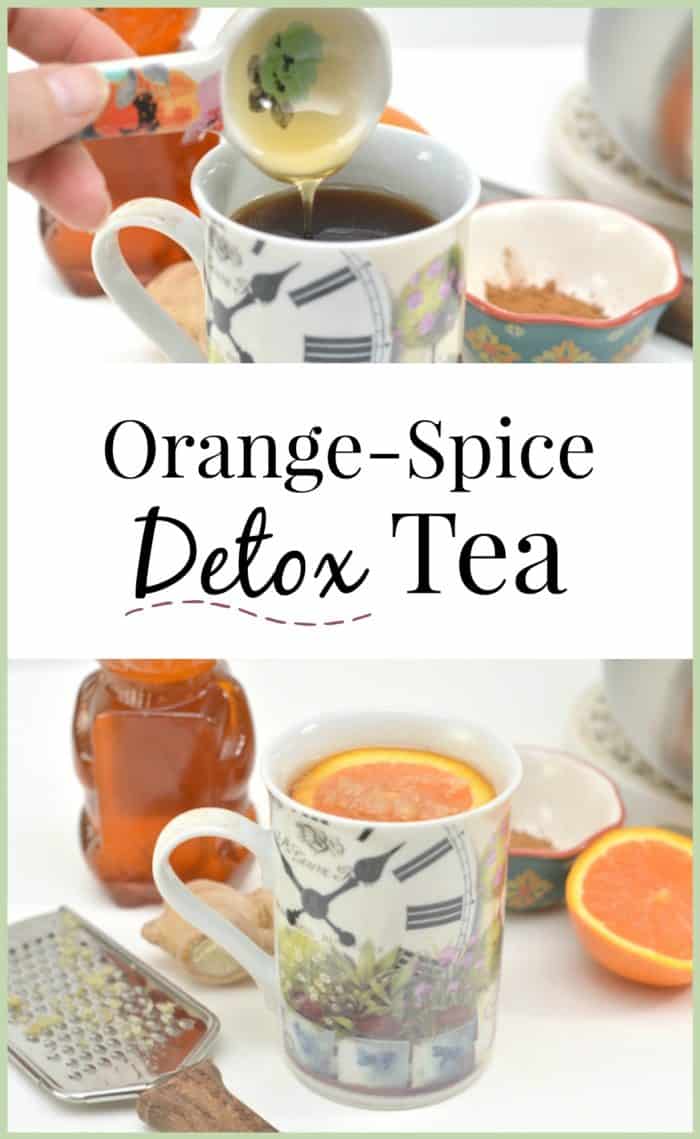 Image shows two photos of orange detox tea. The top photo shows a hand pouring honey into a mug of orange detox tea, and the bottom image shows the mug of tea surrounded by the ingredients to make it, honey, ginger and a sliced orange. In between the two images is text that reads "Orange-Spice Detox Tea'