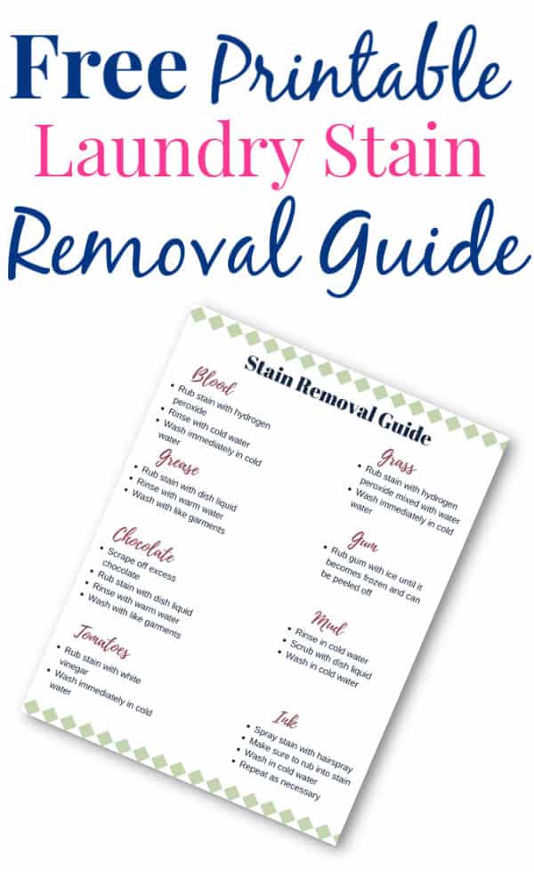Image a downloadable stain removal guide with copy that reads "Free Printable Laundry Stain Removal Guide"