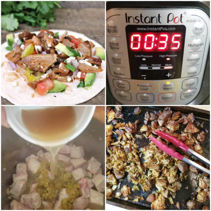Image shows a collage of pulled pork tacos in the Instant Pot