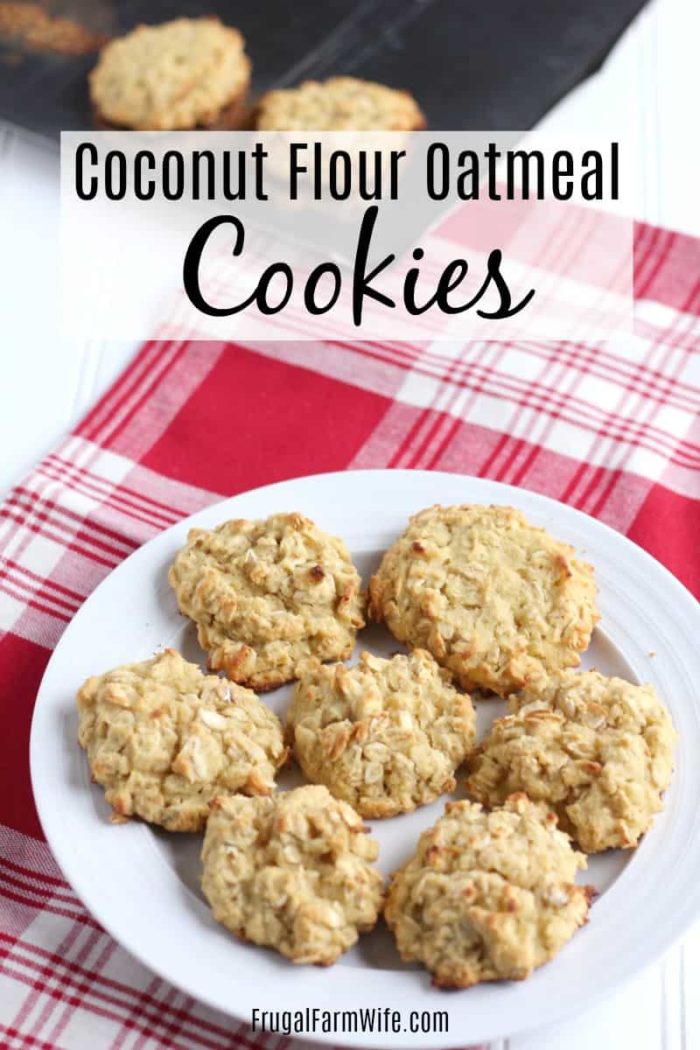 Photo shows a plate of cookies with text that reads "Coconut Flour Oatmeal Cookies"