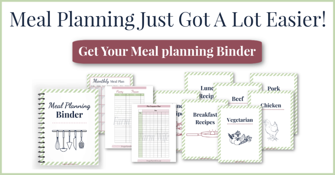 Image shows several printables for a meal planning binder, with text that reads "Meal Planning Just ot a Lot Easier"