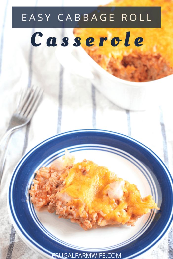 Image shows a plate of casserole with text that reads "Easy Cabbage Role Casserole"