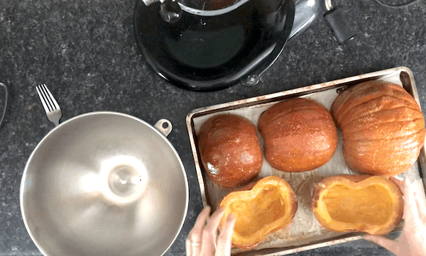 Making pumpkin purée from roasted pumpkins