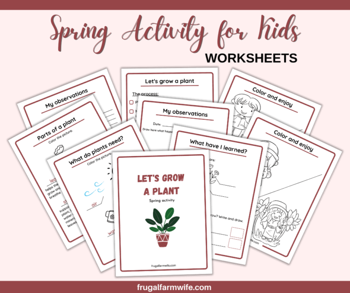 Image shows several printable worksheets for kids, with text that reads "Spring Activity for Kids Worksheets"