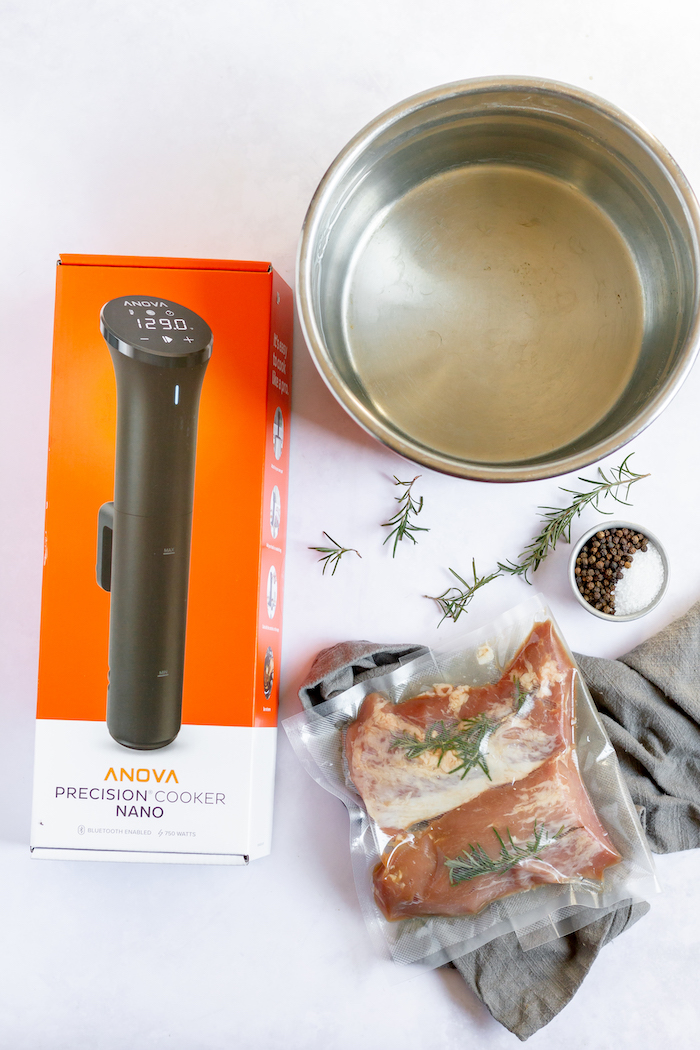 Anova Precision cooker nano with ingredients for making pork loin