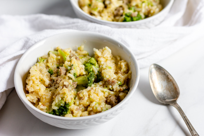 Cheesy Broccoli sausage and rice dinner