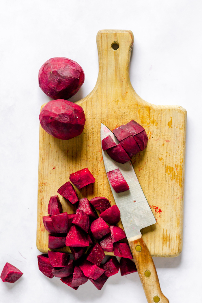 Dicing beets for roasting with balsamic vinegar