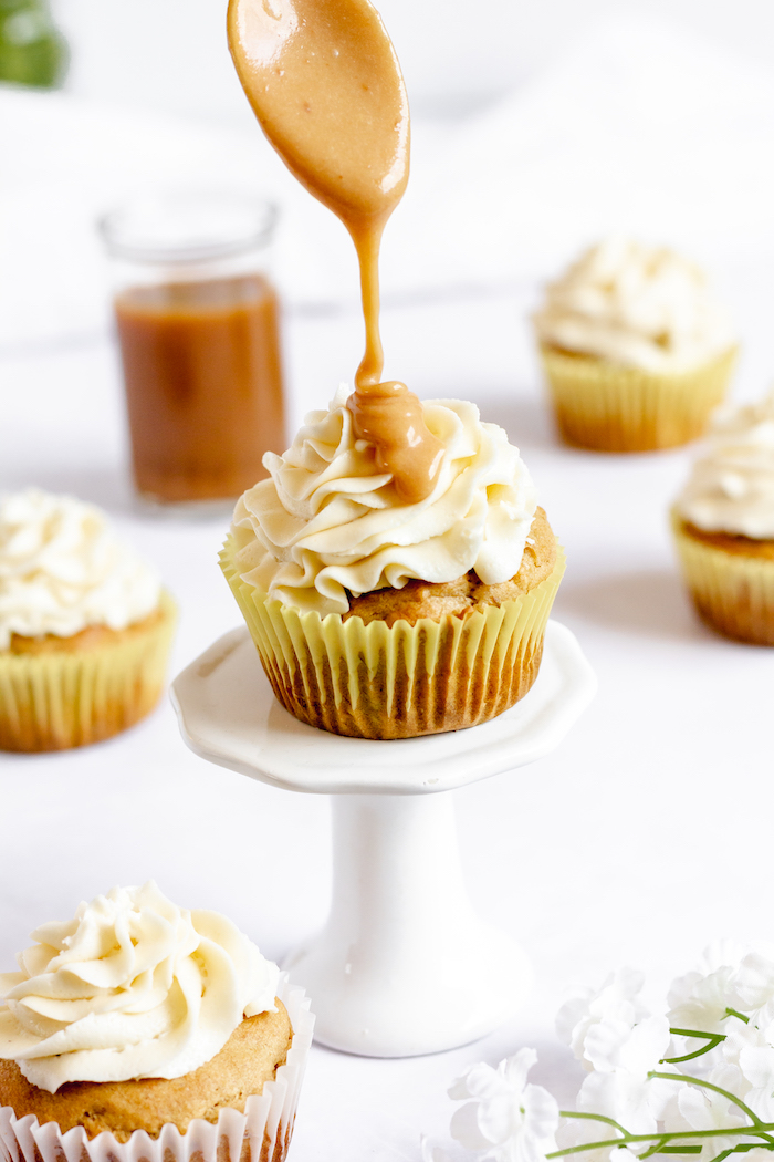 gluten-free banana cupcakes with buttercream and caramel