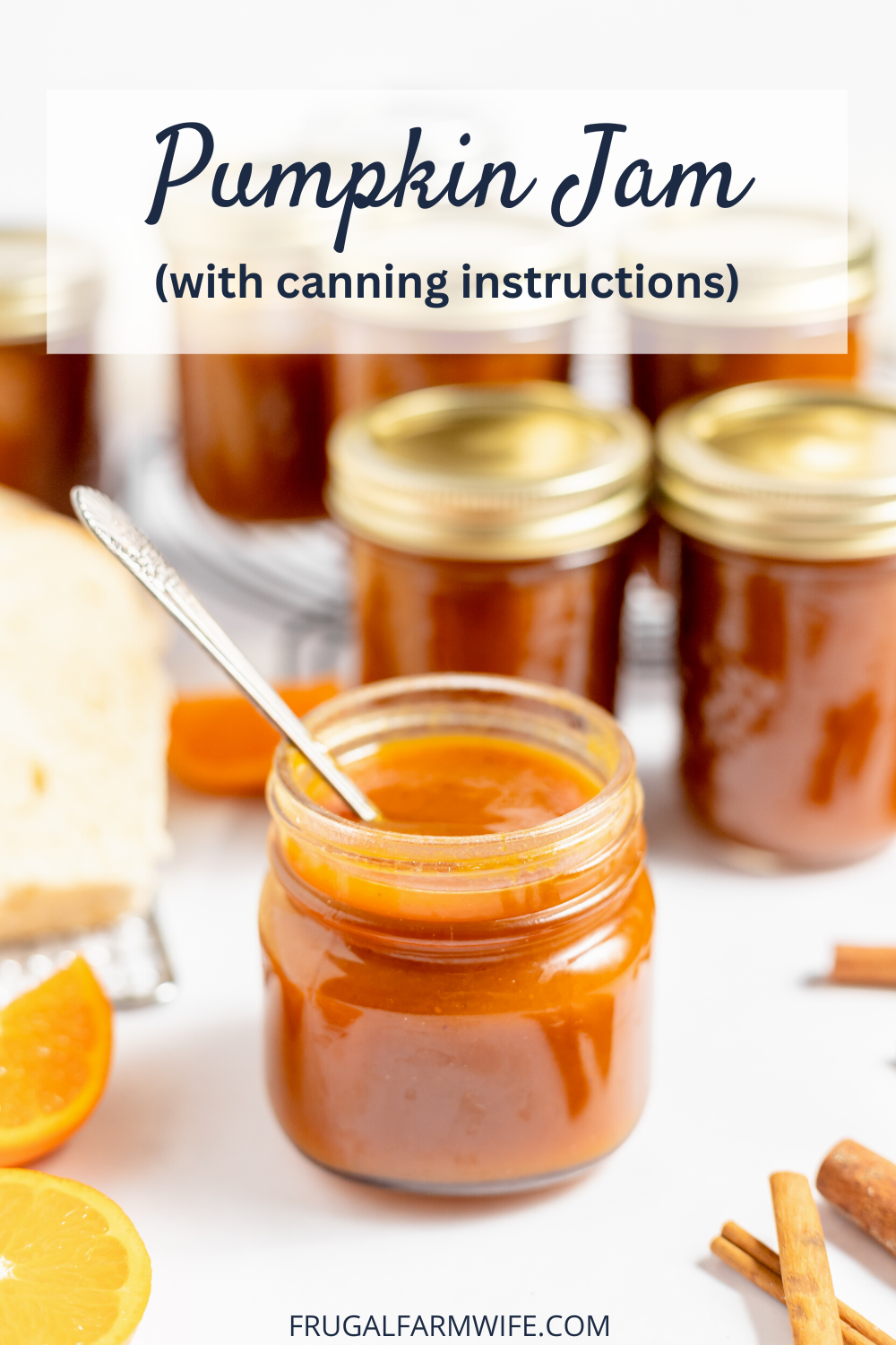 Image shows a small open jar of pumpkin jam with a spoon in it. Behind are many more jars of pumpkin jam sealed. Text above reads "Pumpkin Jam (with canning instructions)"