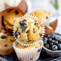 a stack of blueberry muffins made with gluten free flour