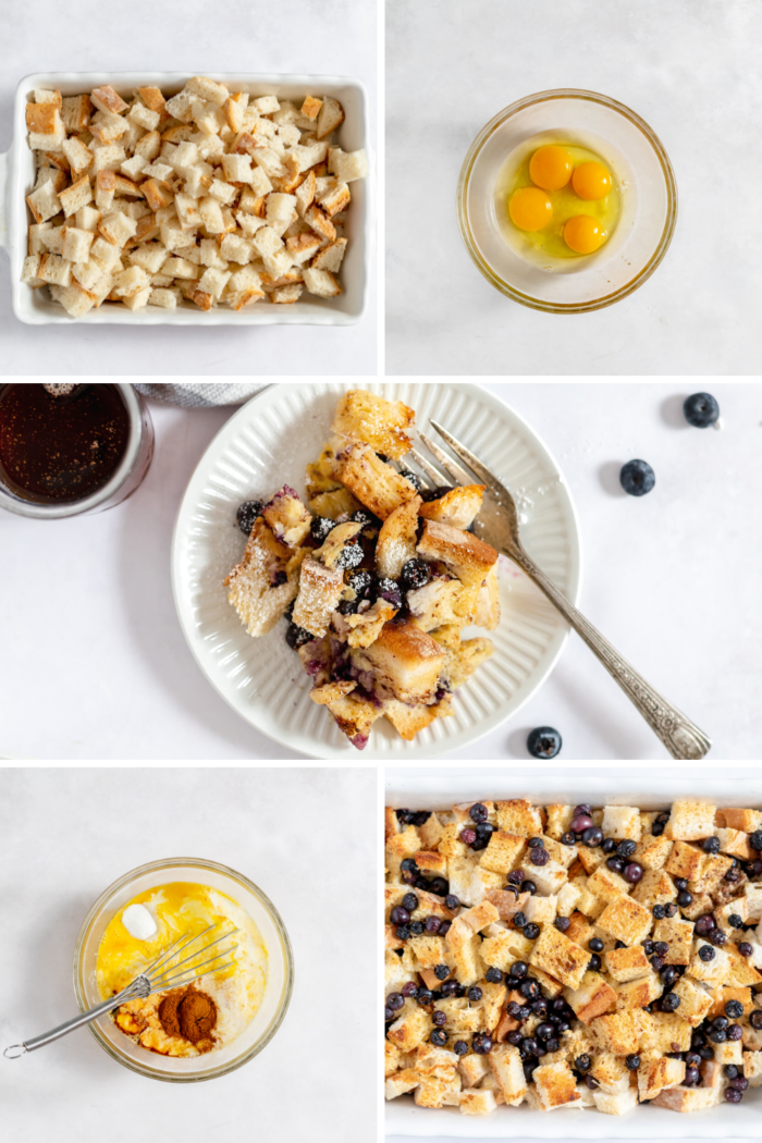 a collage of steps for making french toast casserole