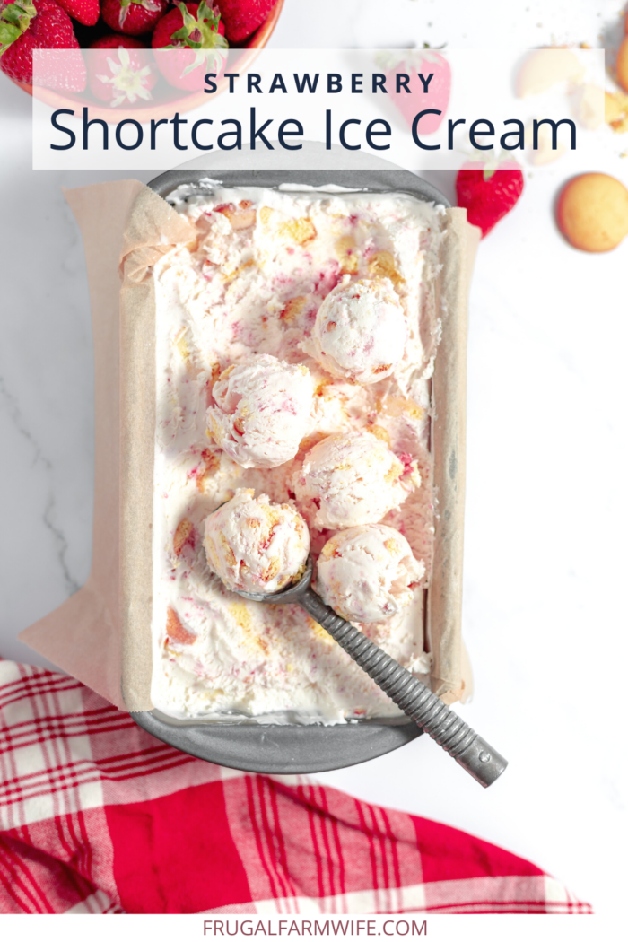 no-churn strawberry shortcake ice cream in a container, ready to serve