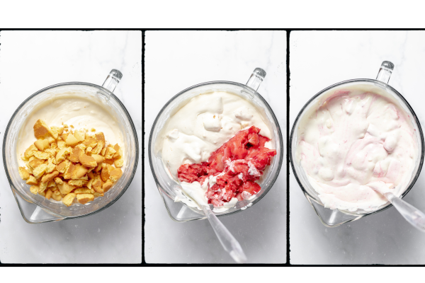 process photo collage showing adding strawberries and shortcake cookies to no-churn ice cream