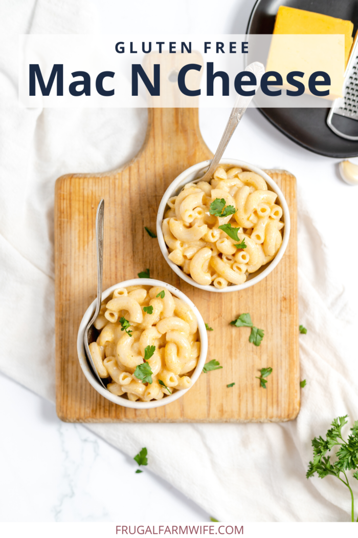 bowls of gluten free mac n cheese served on a cutting board