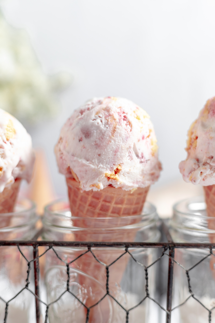 waffle cones with strawberry shortcake ice cream 