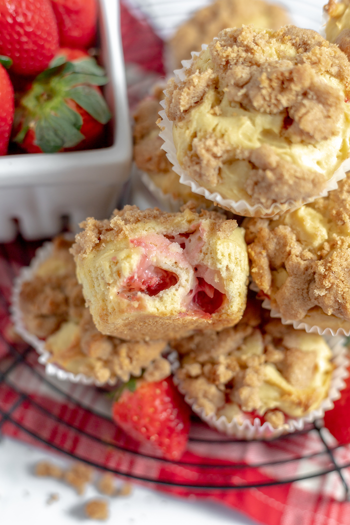 strawberry muffins in a stack