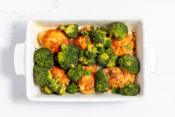 broccoli and chicken in a baking dish