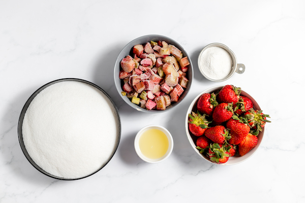 ingredients for making strawberry rhubarb jam