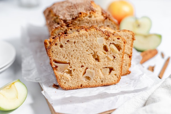 apple cinnamon bread served on a cutting board