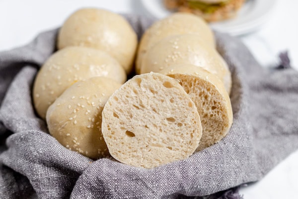 sourdough hamburger buns in a bowl